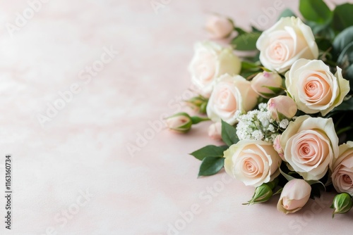 A romantic engagement party invitation featuring watercolor roses and a cursive font on a blush pink background photo