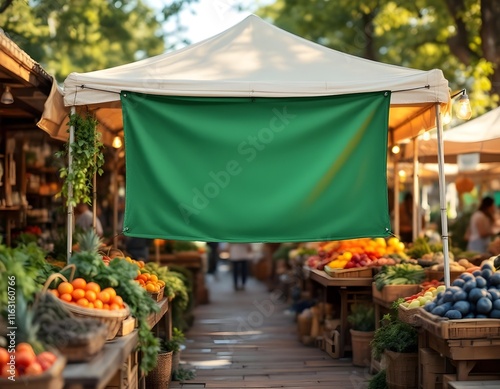 Vibrant Farmers Market Scene with Green Banner, Fresh Produce, and Sunny Outdoor Setting photo