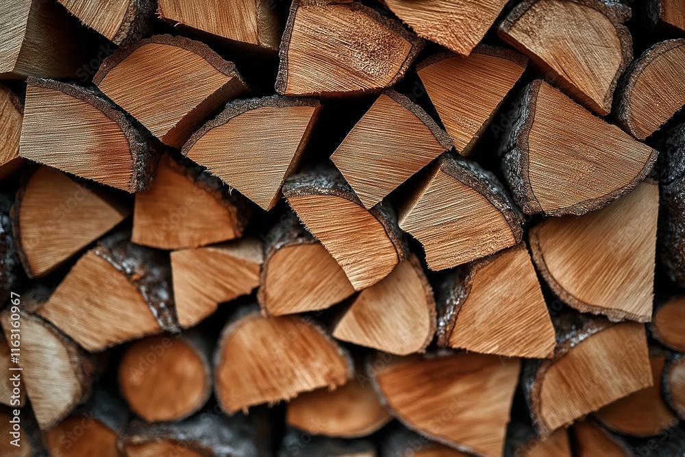 Fototapeta premium Close-up view of neatly stacked firewood. Stacked wood pieces create organized pattern. Raw wood material for fireplace. No people present. Firewood provides renewable energy. Wood grain, textures