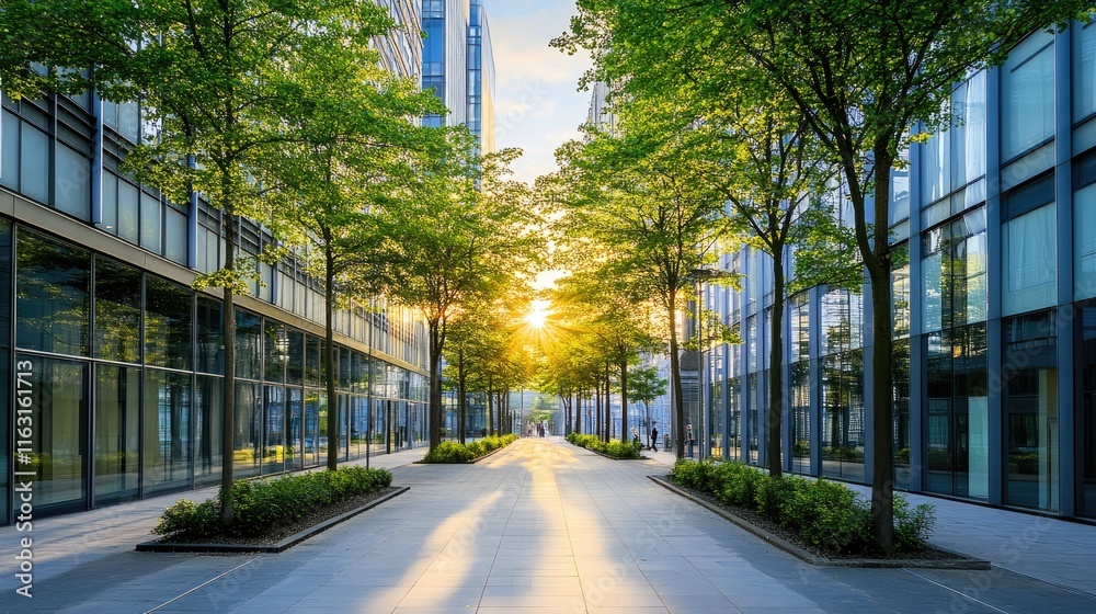 Serene Urban Pathway with Lush Trees and Golden Sunset Light Serene Urban Pathway with Lush Trees and Golden Sunset Light