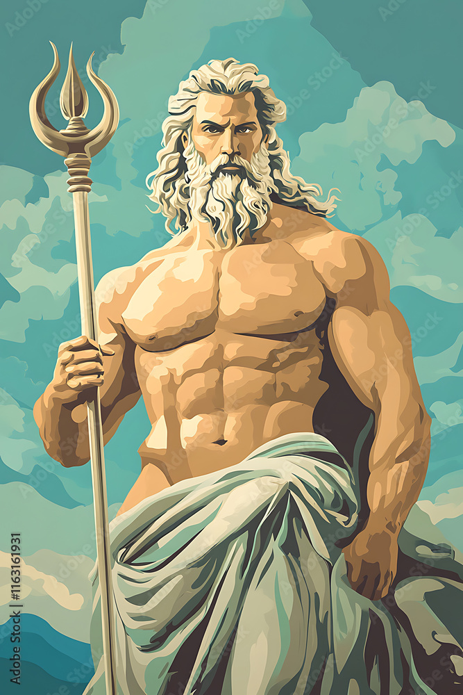 Obraz premium A muscular figure resembling a god, holding a trident, with clouds in the background.