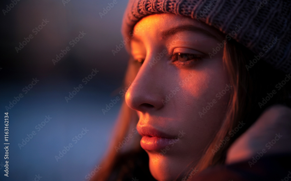 A close-up of a young woman's face, captured during what appears to be the golden hour. She wears a knitted beanie, and the warm, golden light casts a soft glow on her face, highlighting her features. A close-up of a young woman's face, captured during what appears to be the golden hour. She wears a knitted beanie, and the warm, golden light casts a soft glow on her face, highlighting her features.