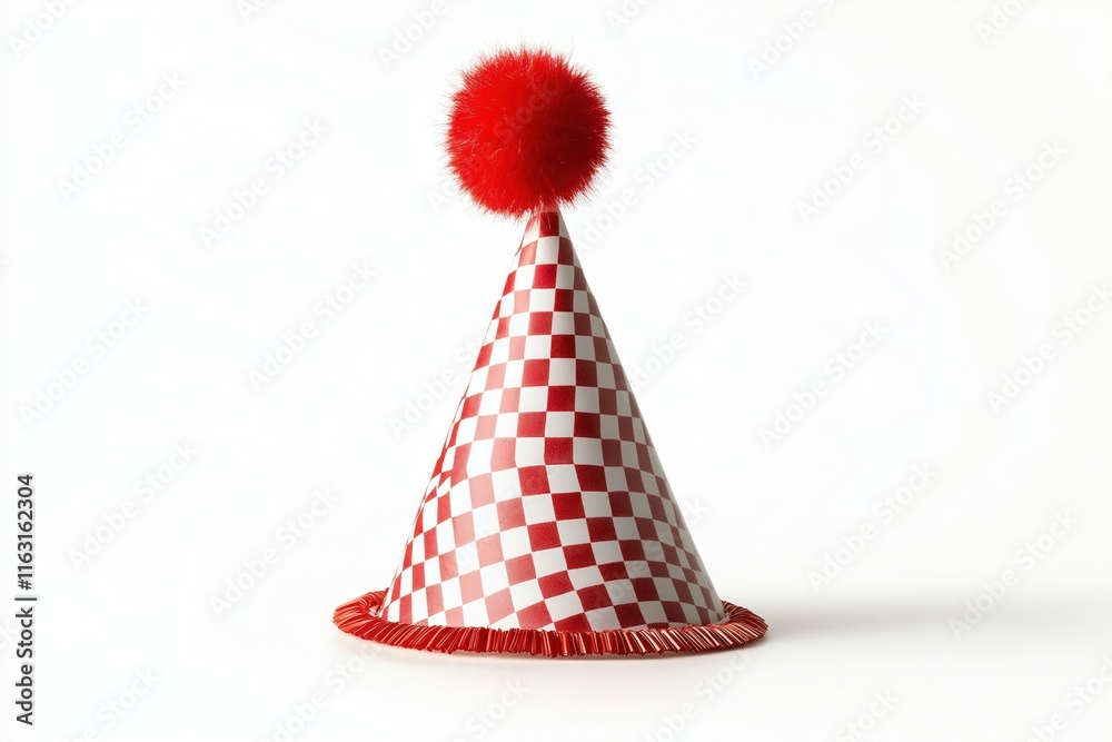 Party hat with red, white checkered pattern. Fun festive headgear with red pom-pom. Isolated on white background. Suitable for birthday parties celebration. Stylish accessory for cheerful events. Party hat with red, white checkered pattern. Fun festive headgear with red pom-pom. Isolated on white background. Suitable for birthday parties celebration. Stylish accessory for cheerful events.