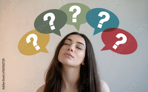 A young woman with long, dark hair, looking upwards with a contemplative expression. Above her head, there are five colorful speech bubbles, each containing a white question mark. 