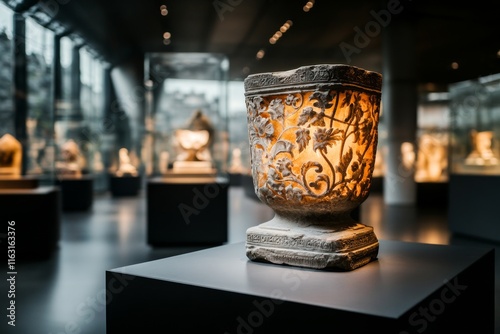 An ionic column base carved with intricate floral patterns, displayed in a gallery as a masterpiece of ancient craftsmanship photo