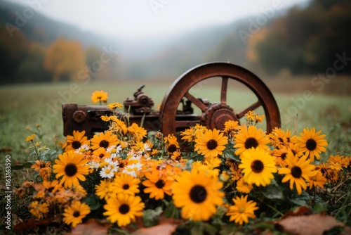 An old iron plow in a field, with wildflowers growing around it, symbolizing a bygone era of farming photo