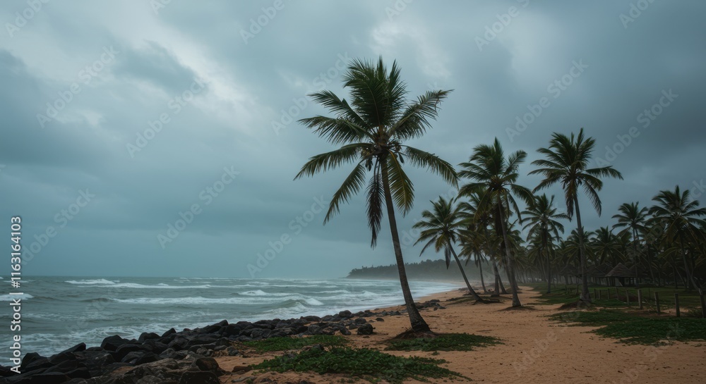 Fototapeta premium Tropical beach with palm trees in stormy weather capturing dramatic ocean waves