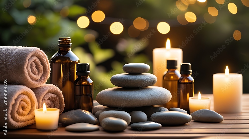 Serene spa setting with essential oils, soft towels, candles, and smooth stones creating a calming atmosphere for relaxation and wellness, ideal for aromatherapy, mindfulness, and stress relief Serene spa setting with essential oils, soft towels, candles, and smooth stones creating a calming atmosphere for relaxation and wellness, ideal for aromatherapy, mindfulness, and stress relief