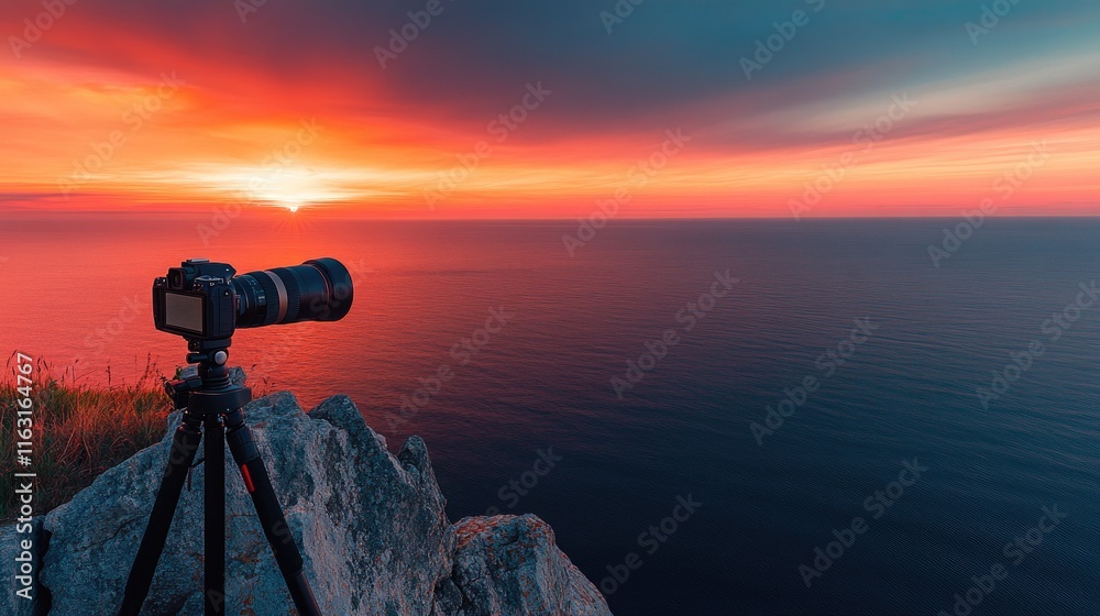 Sunset Photography Scene with Camera on Tripod by the Ocean Sunset Photography Scene with Camera on Tripod by the Ocean