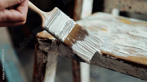 A close-up shot of a hand holding a paintbrush, applying a fresh coat of white paint to a wooden chair, showcasing creativity and DIY home improvement.