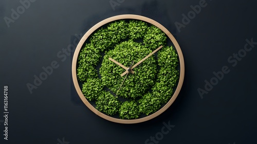 A Unique Clock Design, Merging Nature and Time with Lush Greenery and Stylish Wooden Elements. Time Management Concept photo