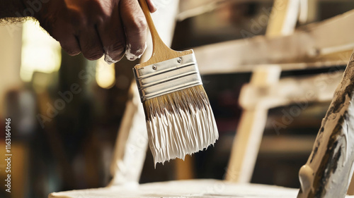 A close-up shot of a hand holding a paintbrush, applying a fresh coat of white paint to a wooden chair, showcasing creativity and DIY home improvement.