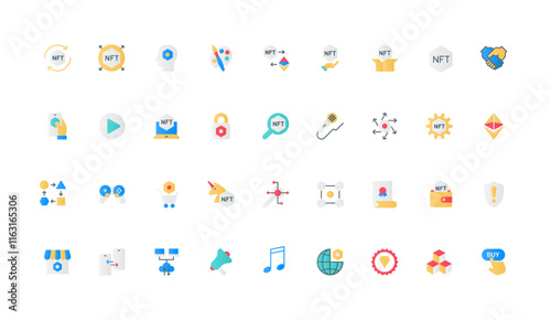 NFT, non fungible token, cryptocurrency wallet to buy, investment assets color icon set. NFT and Ethereum exchange, blockchain and unicorn, artwork marketplace flat elements vector illustration