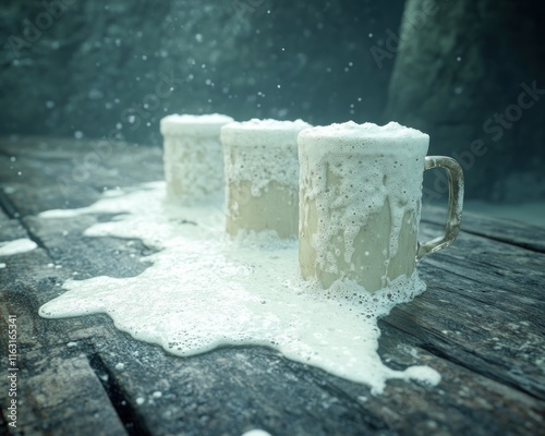 Capture the charm of a Rustic Foam Overflow, beer mugs with frothy tops, spilling slightly onto a rugged wooden table This rustic setting evokes a feeling of warmth and conviviality Perfect imagery
