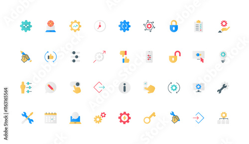 Gears of operation and settings control, setup management on panel with equalizer color icon set. Data modification, update and download, human finger on slider flat elements vector illustration