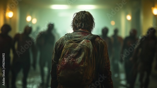 Bloody zombie walks alone in dark corridor. Many zombies in background. Post apocalyptic scene evokes loneliness, fear. Grim atmosphere of pandemic. Undead character in modern style corridor. Image