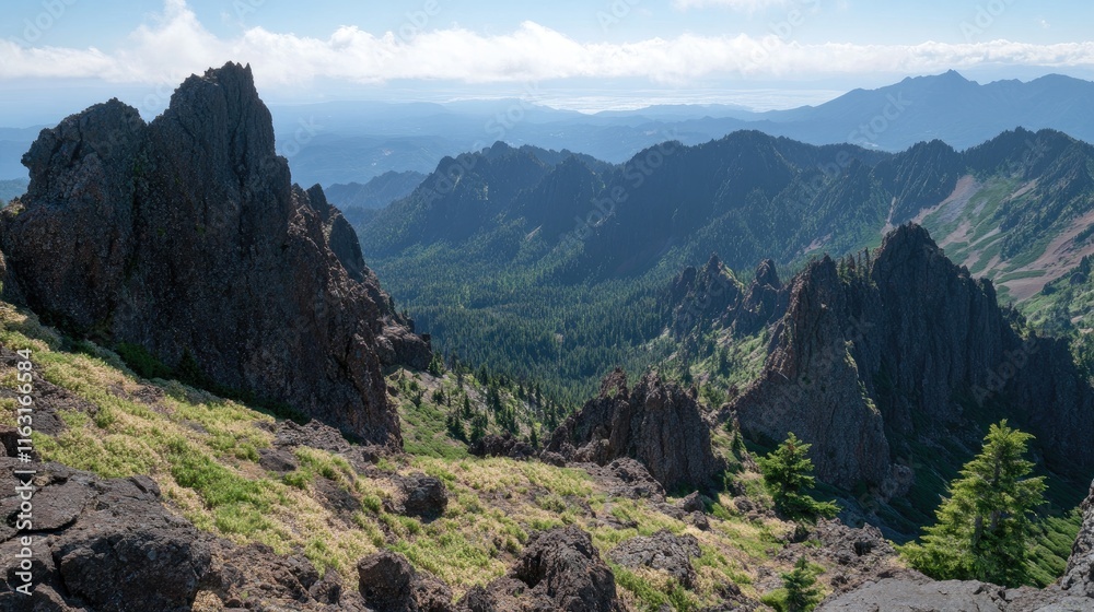 Fototapeta premium Majestic Mountain Landscape with Rocky Peaks Under Clear Sky