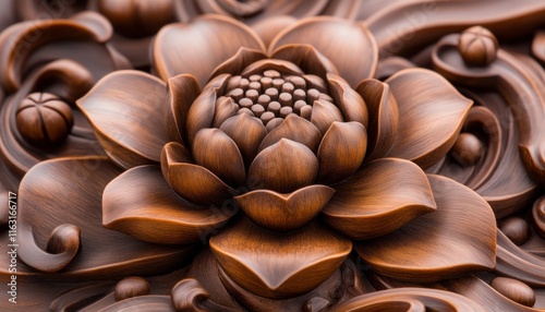 Discover a divine lucky charm of blessing, its engraved details emanating warmth and sacred charm, a testament to spiritual artistry and exquisite craftsmanship This intricately carved wooden lotus photo