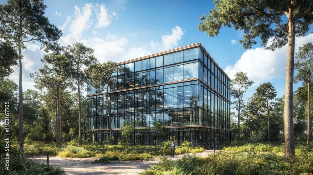 Modern Glass Office Building Surrounded by Lush Greenery and Trees Modern Glass Office Building Surrounded by Lush Greenery and Trees