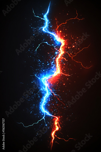 A striking visual of blue and red lightning bolts against a dark background.