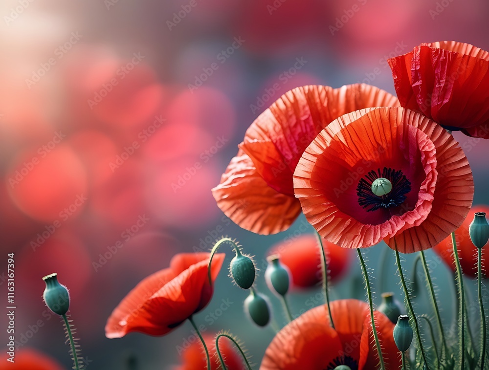 Vivid close-up of vibrant red poppy flowers in full bloom with a stunning bokeh background, capturing the delicate texture and beauty of nature's colorful elegance, perfect for floral inspiration Vivid close-up of vibrant red poppy flowers in full bloom with a stunning bokeh background, capturing the delicate texture and beauty of nature's colorful elegance, perfect for floral inspiration