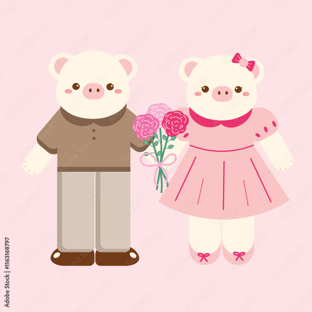 Cute Hand Drawn Cartoon Vector Couple Pig Valentine Clip Art Set Cute Hand Drawn Cartoon Vector Couple Pig Valentine Clip Art Set