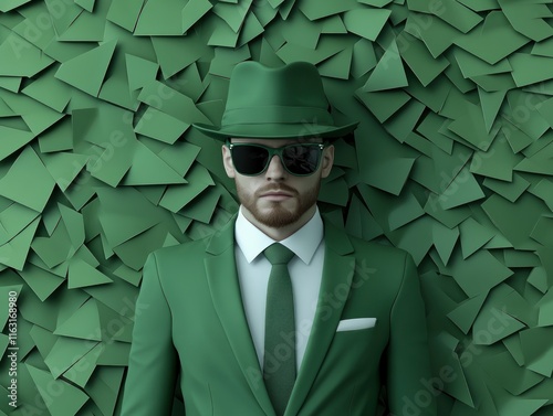 Explore this striking image featuring a designer green hat with asymmetrical elements, worn with a sharp monochrome suit, evoking a futuristic gallery aesthetic Discover the precision in the photo