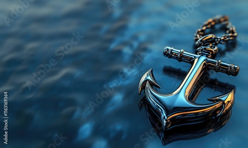 Metallic Anchor Icon Glossy Black Base with Deep Ocean Blue Background photo