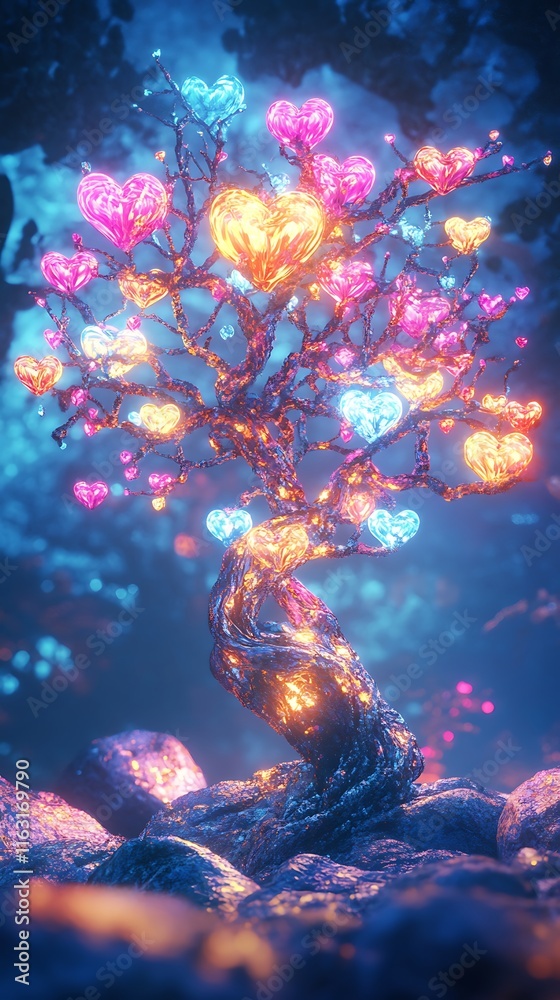Glowing Heart Tree, Fantasy Love Art - Neon Glowing Heart Tree, Fantasy Love Art - Neon