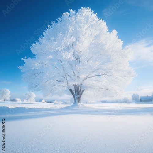 Majestic tree covered in frost stands tall in snowy landscape under bright blue sky. Tranquil winter scene with serene feel. Frozen branches, white snow-covered field create peaceful atmosphere.