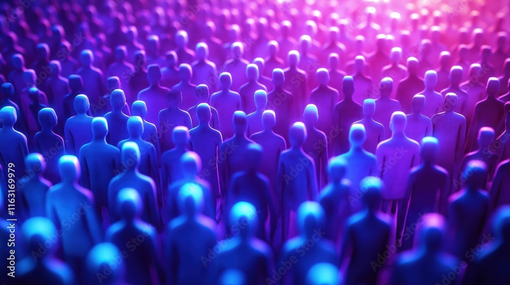 Obraz premium Large crowd of people standing together in neon purple, blue light. Unity, community. Event gathering. Strong sense of togetherness. Possible concert festival. People standing in group. Diverse group