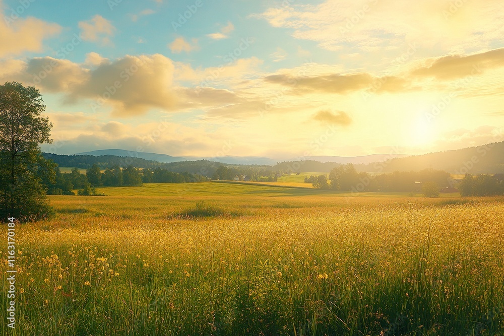 Obraz premium Typical countryside Norwegian landscape. Sunny summer morning in Norway, Europe. Beauty of nature concept background. Artistic style post processed with generative ai