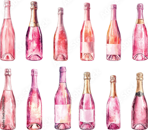 pink sparkling wine bottle watercolor clipart