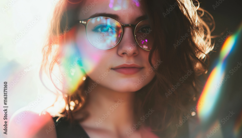 Stylish Close-Up Portrait of a Young Woman With Glasses Surrounded by Magical Bokeh and Vibrant Light Effects Stylish Close-Up Portrait of a Young Woman With Glasses Surrounded by Magical Bokeh and Vibrant Light Effects
