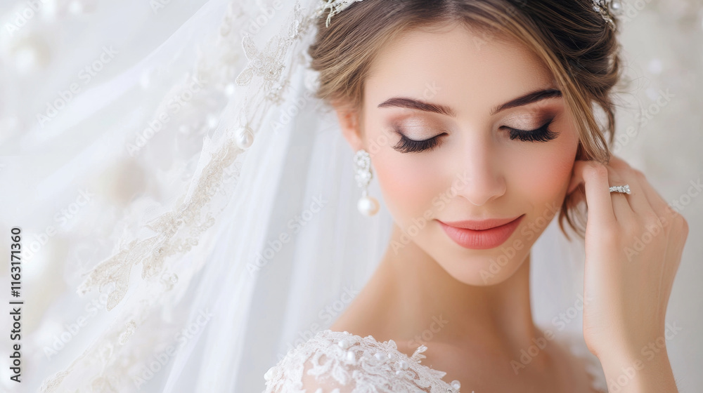 bride with elegant pearl earrings and soft makeup, radiating joy and beauty. Her delicate veil complements her romantic look, capturing essence of love and celebration bride with elegant pearl earrings and soft makeup, radiating joy and beauty. Her delicate veil complements her romantic look, capturing essence of love and celebration