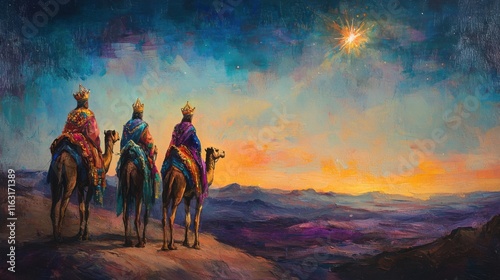 Three Wise Men Journey Guided by Star Bethlehem Biblical Painting Artwork