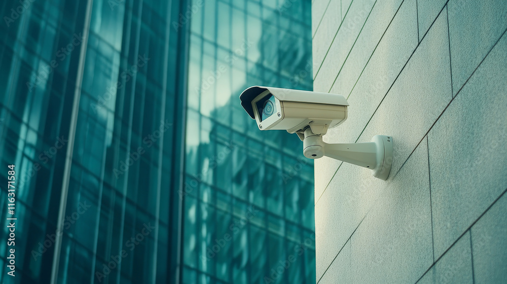 Close up of white security camera mounted on wall, overlooking modern glass building, ensuring safety and surveillance in urban environment Close up of white security camera mounted on wall, overlooking modern glass building, ensuring safety and surveillance in urban environment
