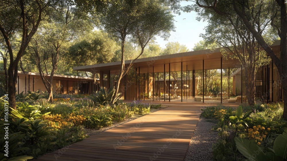 Modern architectural design in a serene nature setting with trees Modern architectural design in a serene nature setting with trees