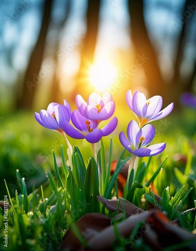 Delicate pink crocus flowers bloom in lush green grass, sunlight in serene spring setting. Nature revival. Saffron Crocus is genus of perennial bulbous herbaceous plants Iris family Iridaceae. AI.