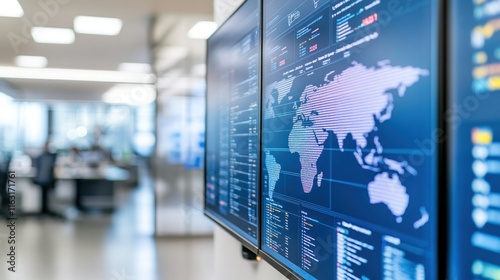 A global distribution map displayed on a screen in a pharmaceutical logistics office 