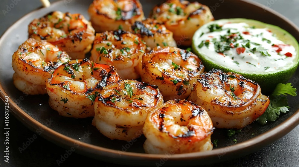 Grilled shrimps or prawns served with lime, garlic and white sauce on a dark concrete background. Seafood. Top view with copy space. Flat lay.