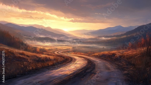 A winding road through a serene landscape at sunset, showcasing nature's beauty.