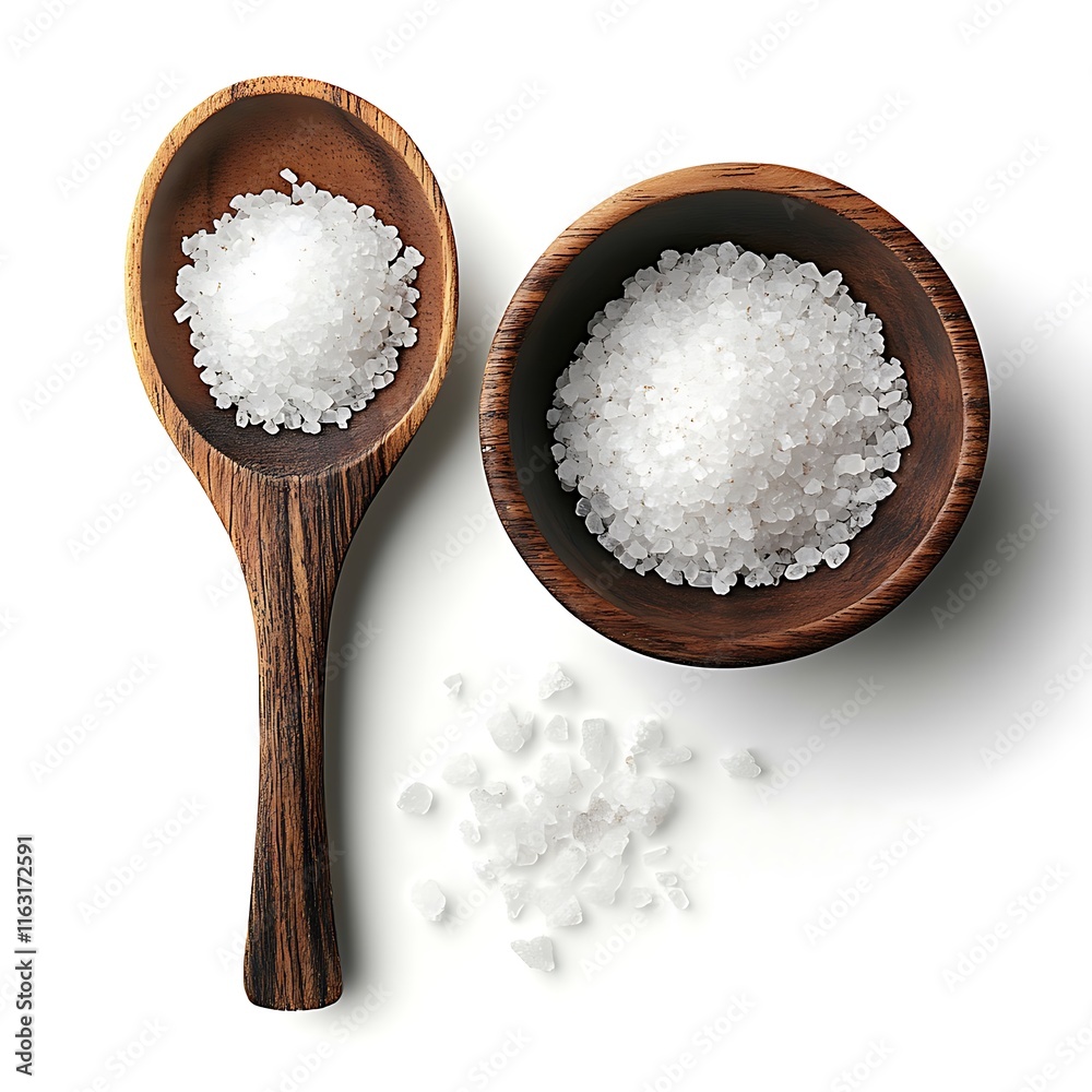 Sea salt in wooden bowl and wooden spoon isolated on white background Sea salt in wooden bowl and wooden spoon isolated on white background