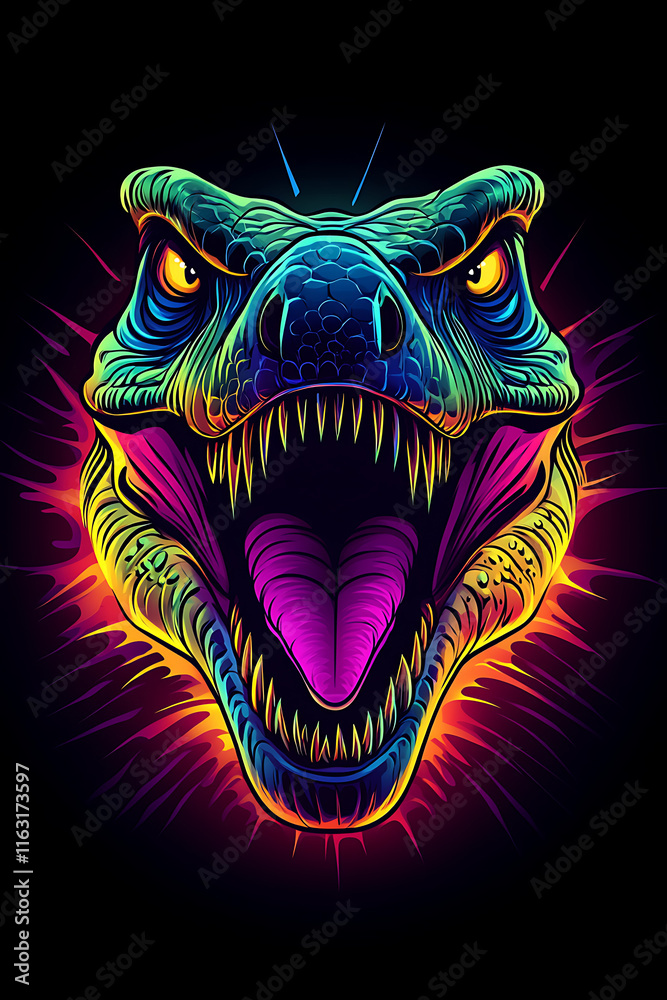 A vibrant, stylized illustration of a dinosaur's head with an aggressive expression. A vibrant, stylized illustration of a dinosaur's head with an aggressive expression.