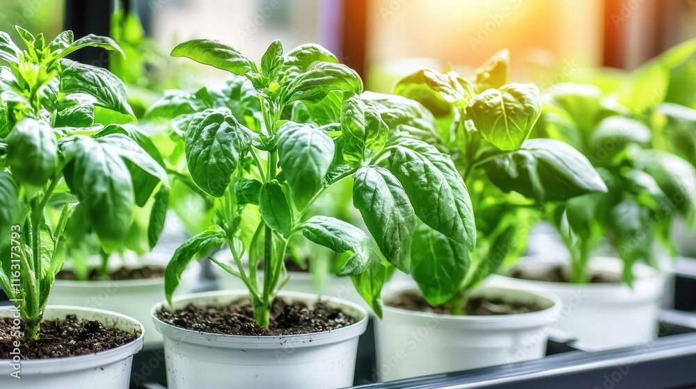 Fresh Green Basil Plants Growing in White Pots with Sunshine Glow Fresh Green Basil Plants Growing in White Pots with Sunshine Glow