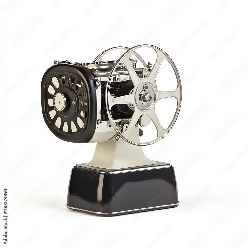 Fototapeta premium Vintage film projector featuring detailed mechanics, set against a clean white background.