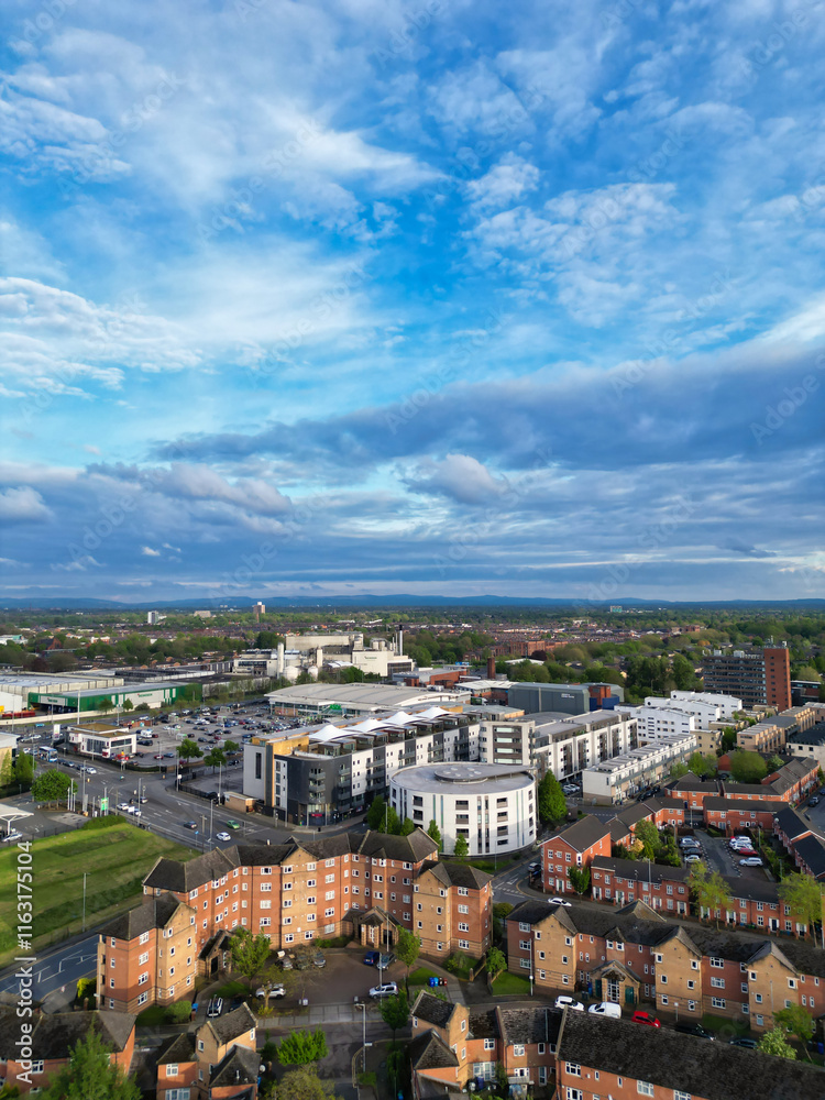 Aerial View of Buildings at Greater Manchester Central City, Northwest of England, United Kingdom. Aerial View Footage Was Captured with Drone's Camera on May 4th, 2024 During Sunset Time. Aerial View of Buildings at Greater Manchester Central City, Northwest of England, United Kingdom. Aerial View Footage Was Captured with Drone's Camera on May 4th, 2024 During Sunset Time.