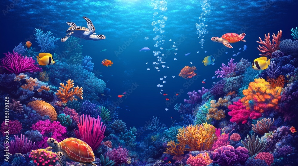 Naklejka premium Colorful Underwater Coral Reef with Diverse Marine Life and Turtles