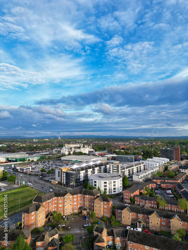 Aerial View of Buildings at Greater Manchester Central City, Northwest of England, United Kingdom. Aerial View Footage Was Captured with Drone's Camera on May 4th, 2024 During Sunset Time. photo