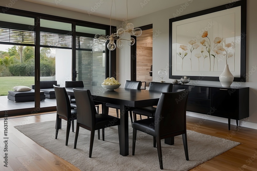 A contemporary dining room featuring black chairs and a table A contemporary dining room featuring black chairs and a table